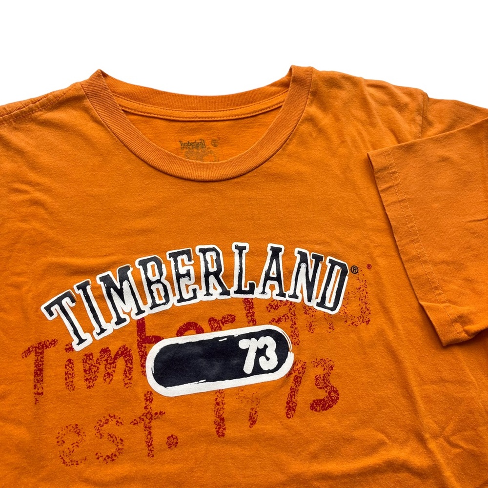 Timberland Boys Large Orange Cotton Navy White Graphic Logo Short Sleeve T-Shirt